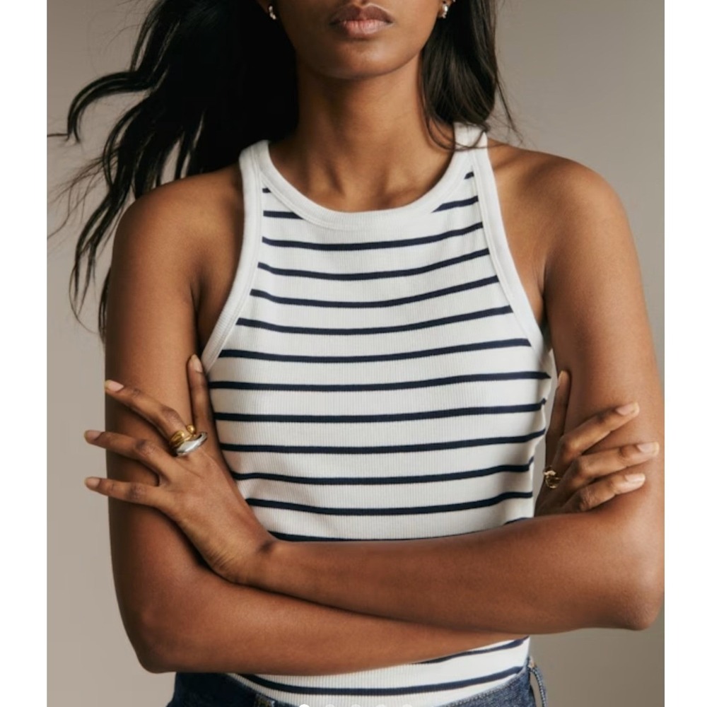 Sezane Marcelo Navy Stripe Racerback Tank Top Womens Small Cotton Ribbed Ecru